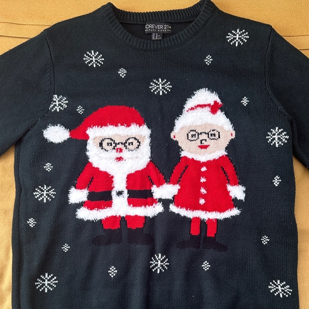Forever 21 Festive Black Sweater with Santa and Mrs. Claus
